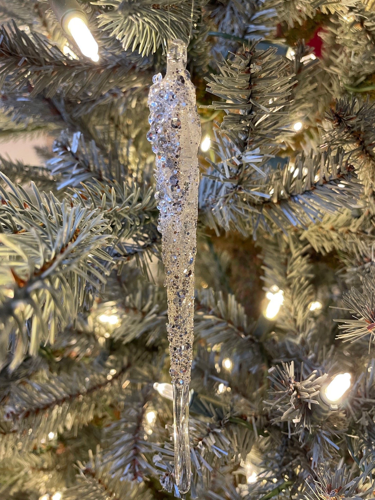 Glass icicle clear with sequins