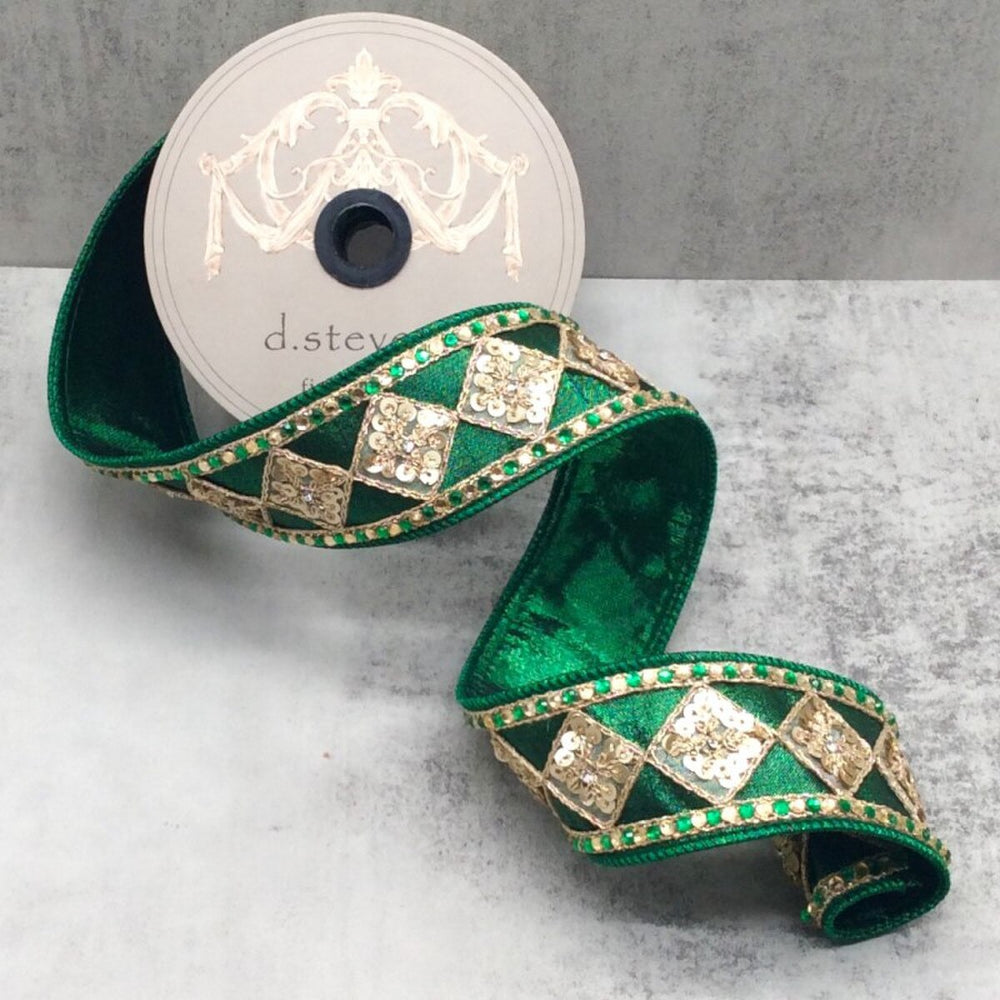 Metallic Dupion Gold Sequin Emerald Ribbon