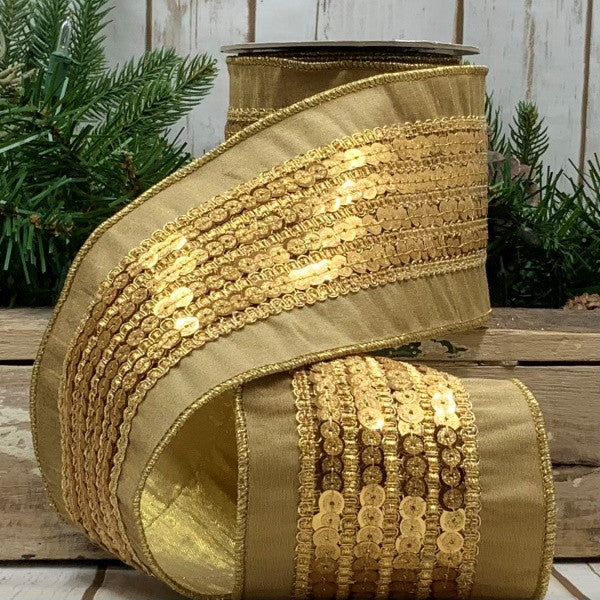 Gold Dupion Rivet Sequin Trim Ribbon