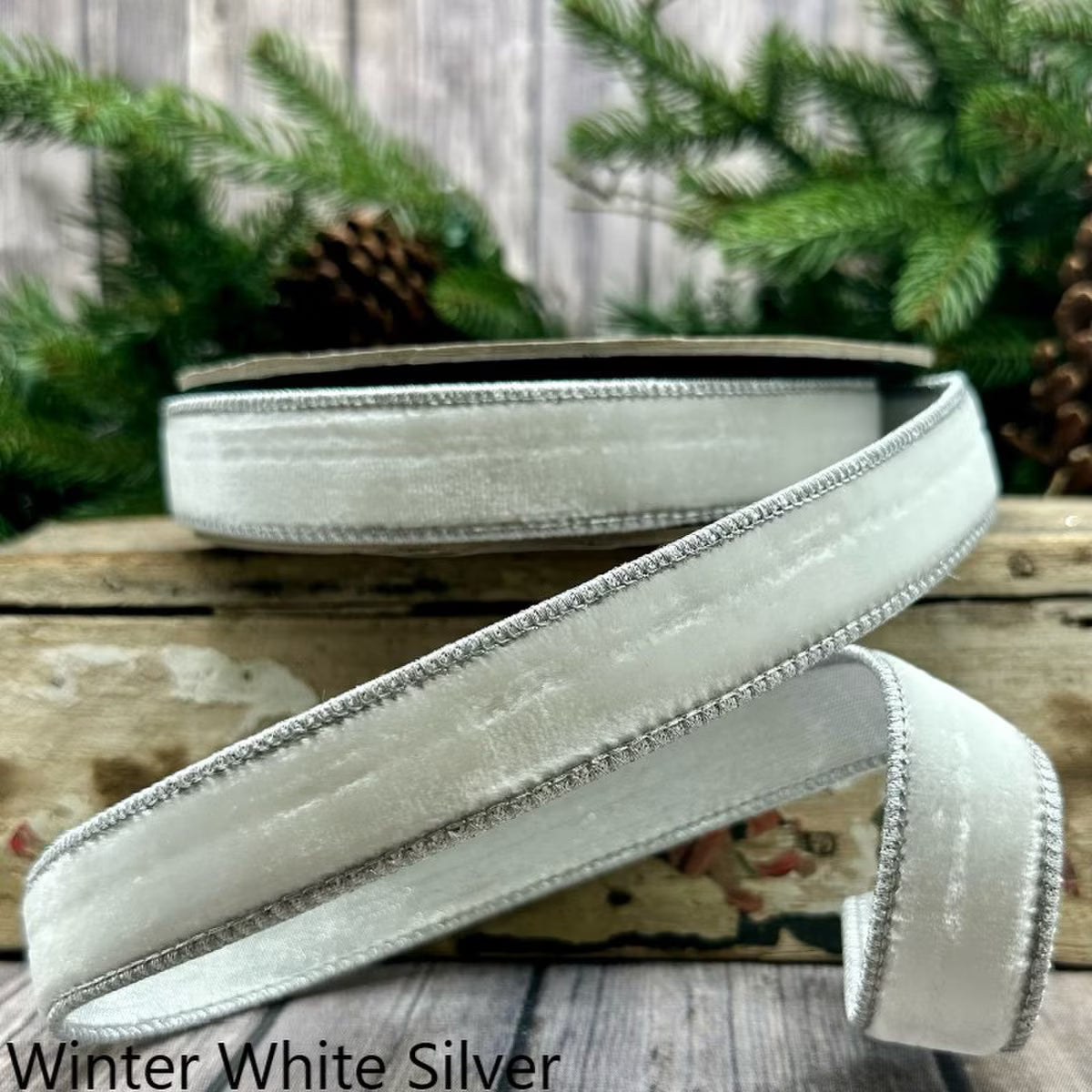 1" Velvet Ribbon Winter White with Silver Back