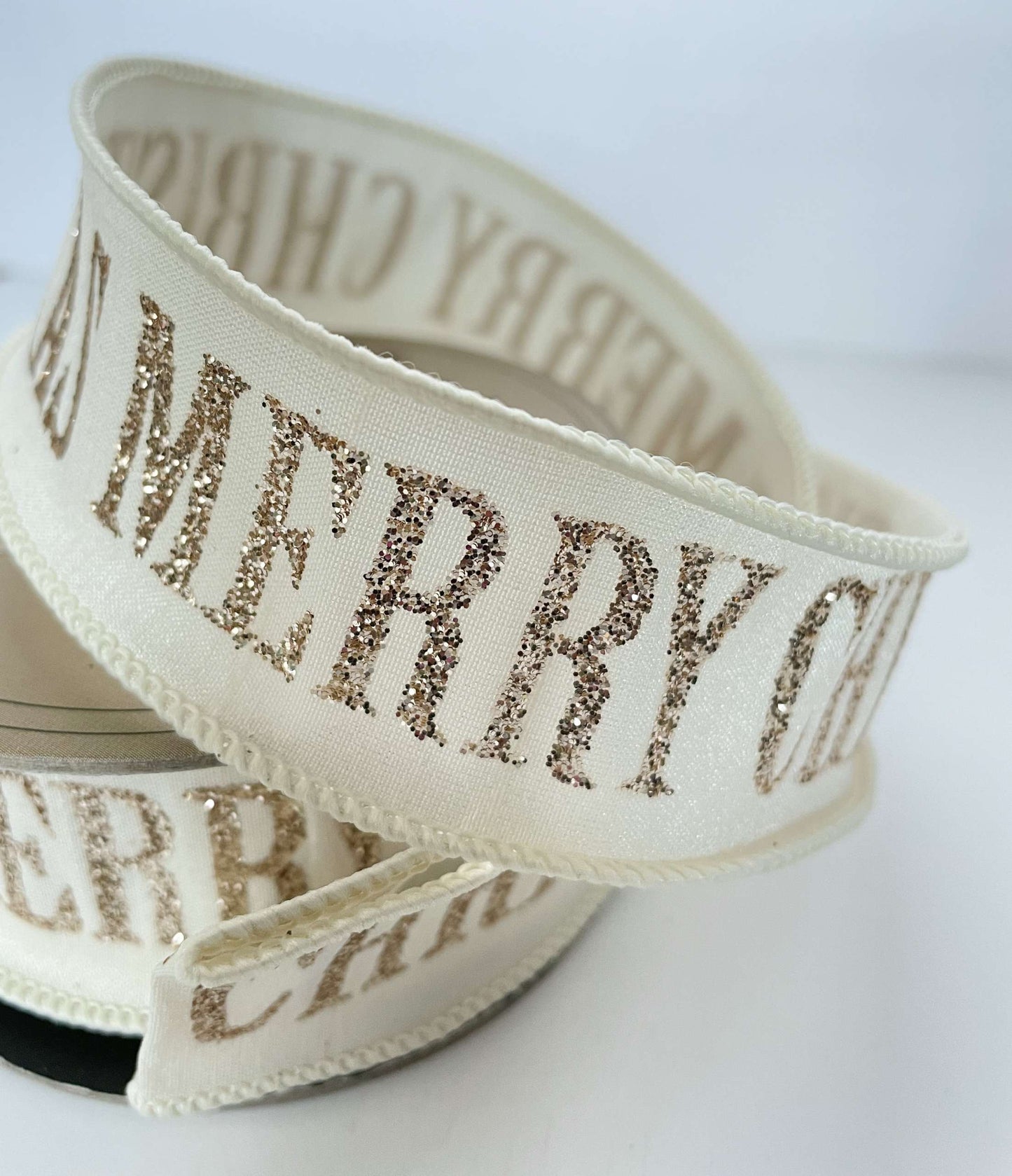 Ivory and Platinum Merry Christmas Ribbon