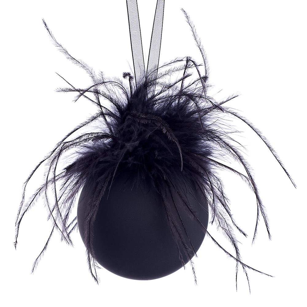 Glass Ball Ornament with Feather Accent - Matte Black