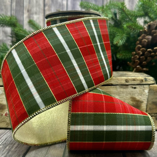 Red and Green Plaid Ribbon with Metallic Back