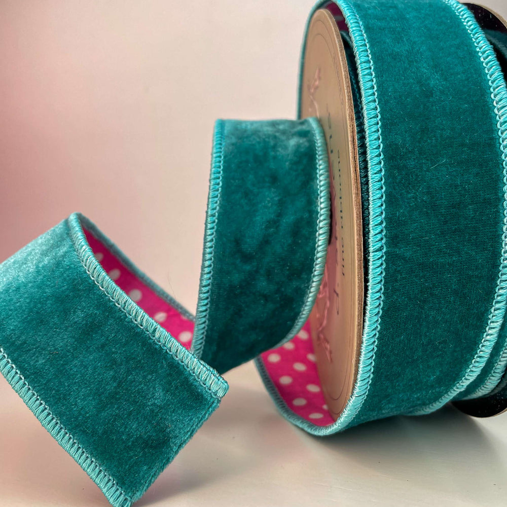 Teal Velvet Ribbon with Polka Dot Back