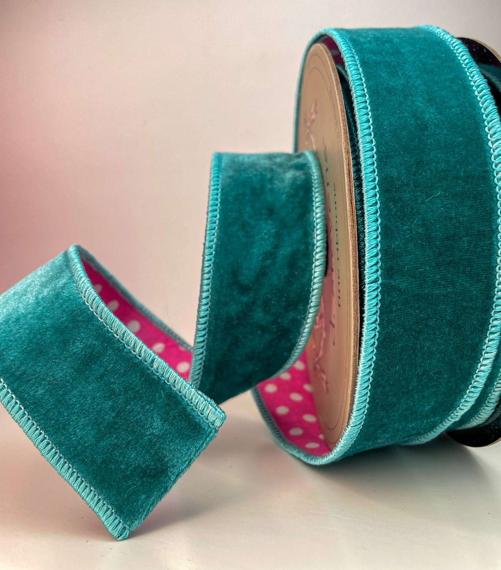 Teal Velvet Ribbon with Polka Dot Back