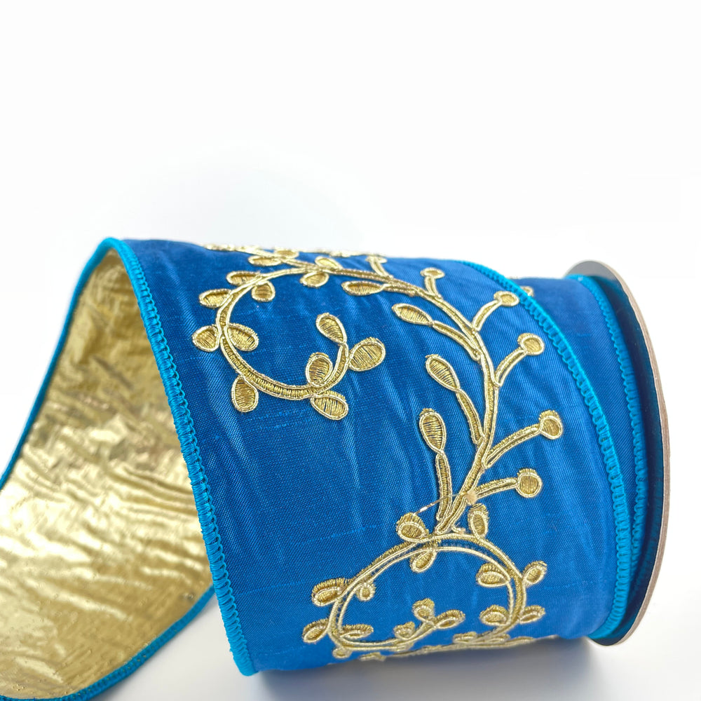 Gold Embroidery Vine Ribbon - Blue