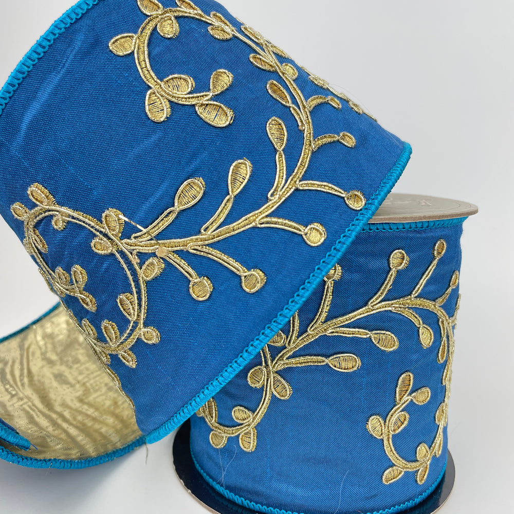 Gold Embroidery Vine Ribbon - Blue