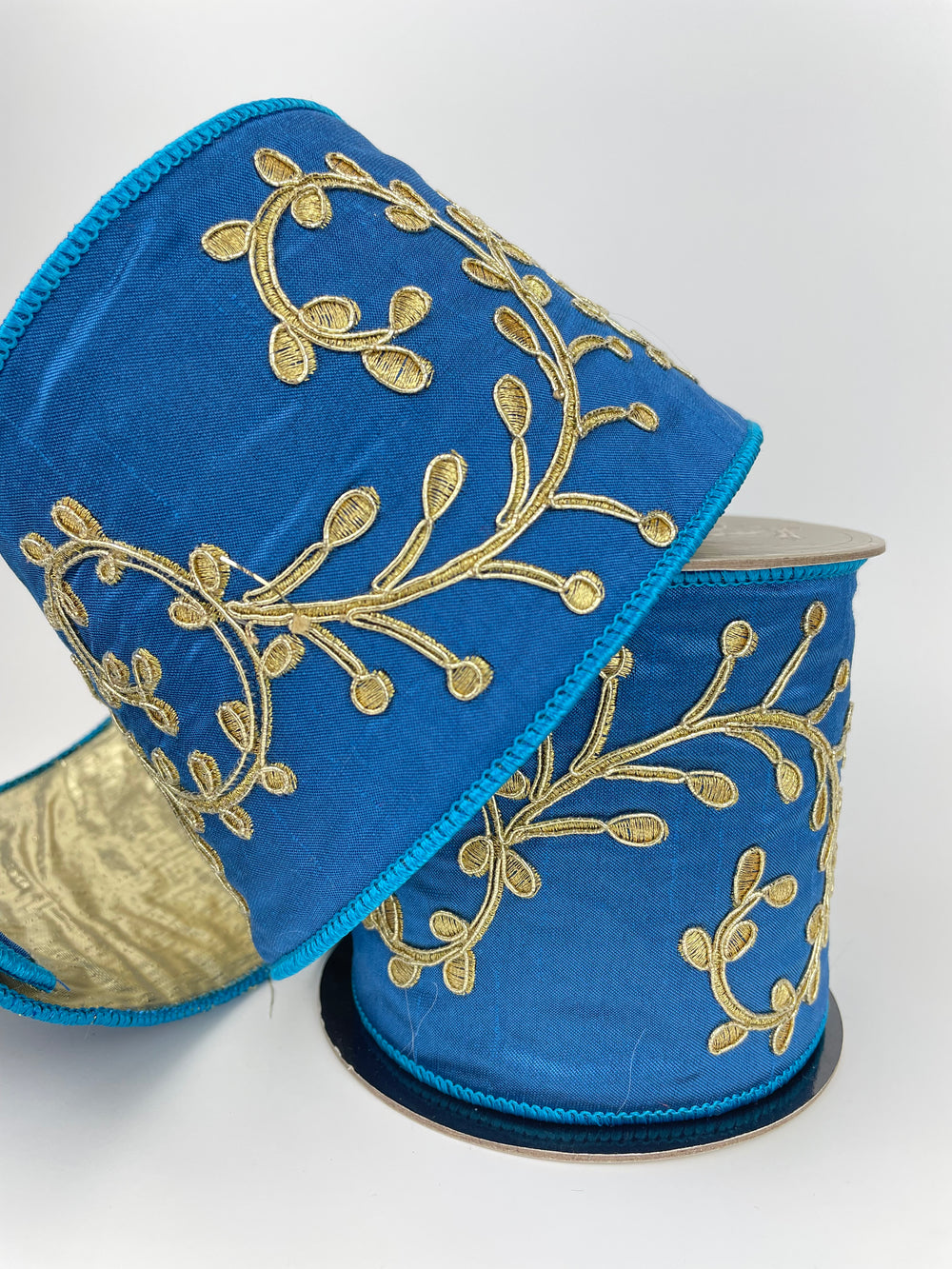 Gold Embroidery Vine Ribbon - Blue