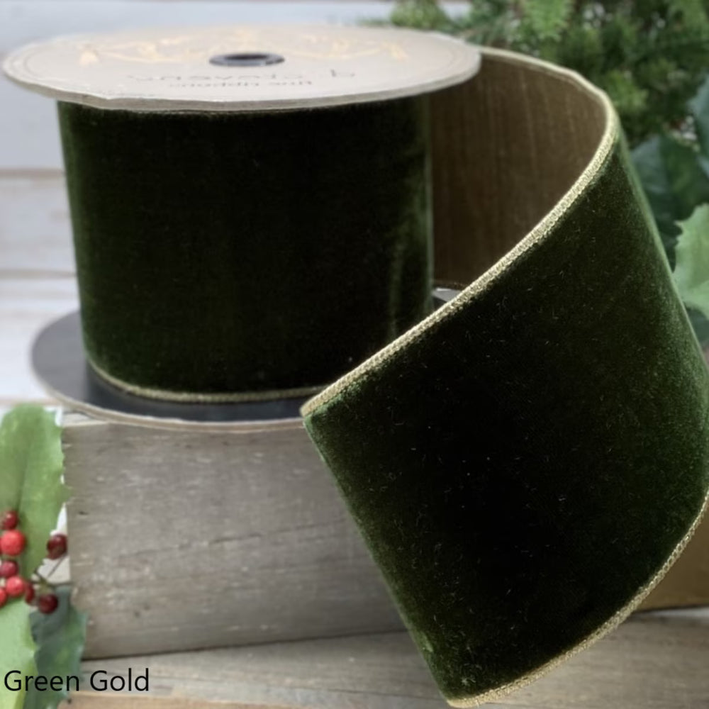 Green Velvet Ribbon with Gold Back