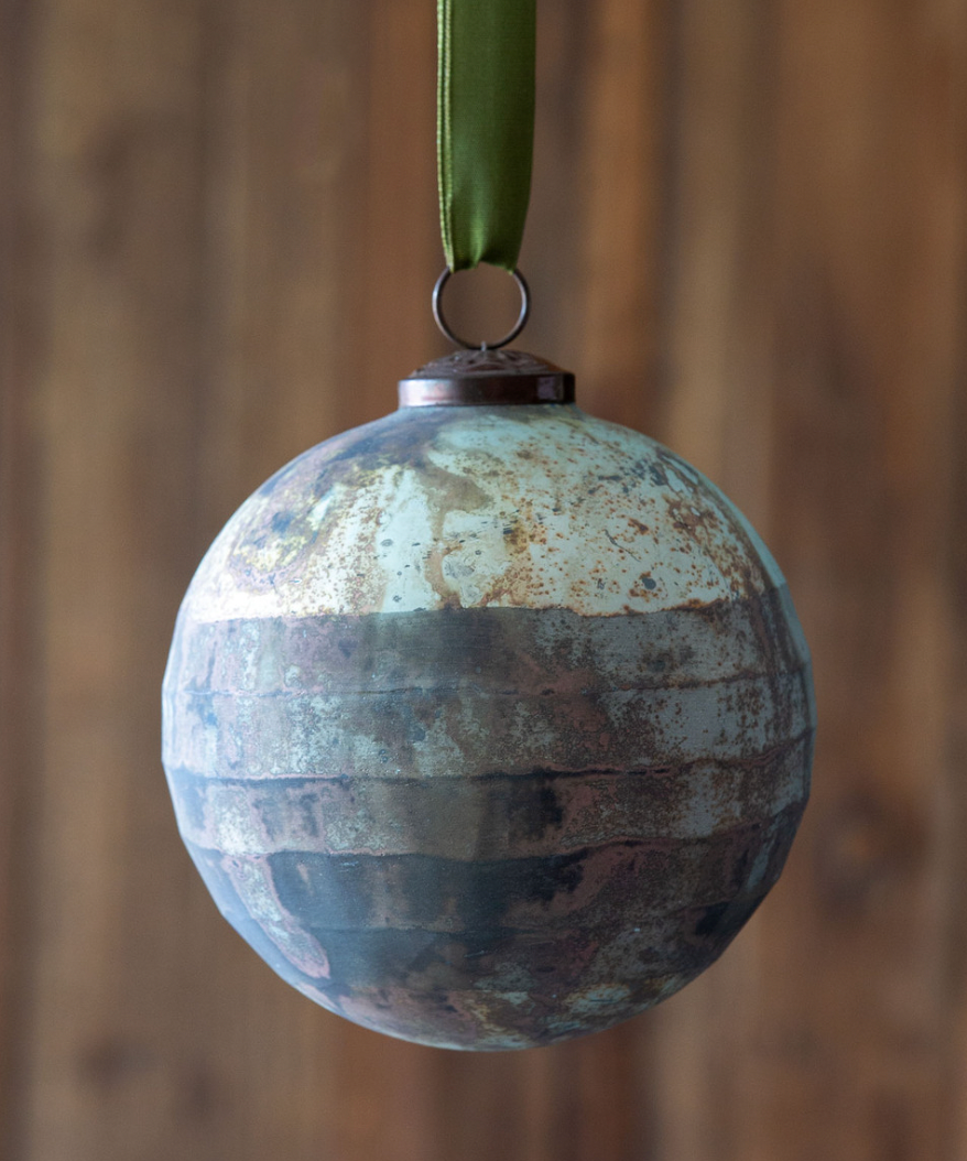 Grated Pattern Glass Ball Ornament, Matte Turquoise, Large